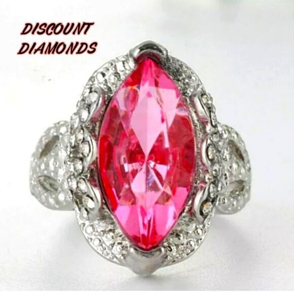 Sakura Pink Sapphire & White Baguette Diamond Ring on 925 Sterling Silver Womens - Picture 1 of 3
